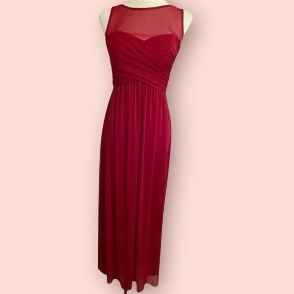 David's Bridal Long Illusion Mesh Gown in Apple Red - Picture 1 of 9